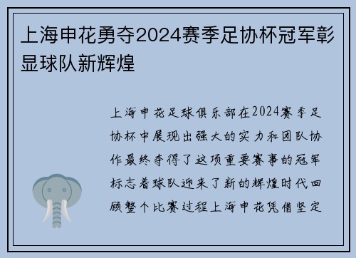 上海申花勇夺2024赛季足协杯冠军彰显球队新辉煌