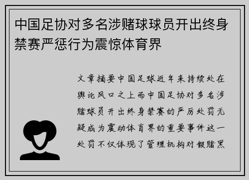 中国足协对多名涉赌球球员开出终身禁赛严惩行为震惊体育界