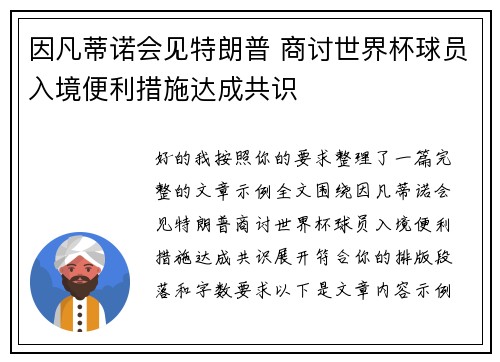 因凡蒂诺会见特朗普 商讨世界杯球员入境便利措施达成共识
